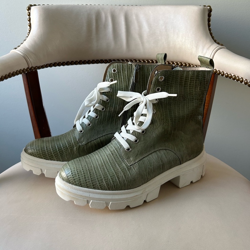 Peter Kaiser green textured lace up chunky boots